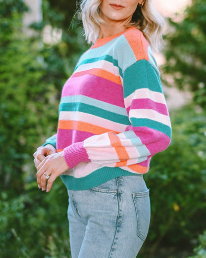 Multicolor Stripe Puff Sleeve Sweater