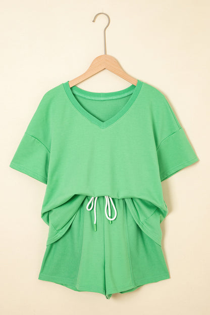 V-Neck Drop Shoulder Tee & Patchwork Drawstring Shorts Set