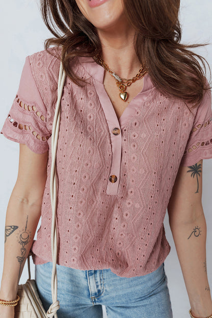 Eyelet Textured Half-Button Short Sleeve Blouse