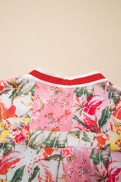 Floral Colorblock Trim V-Neck Ruffle Mini Dress