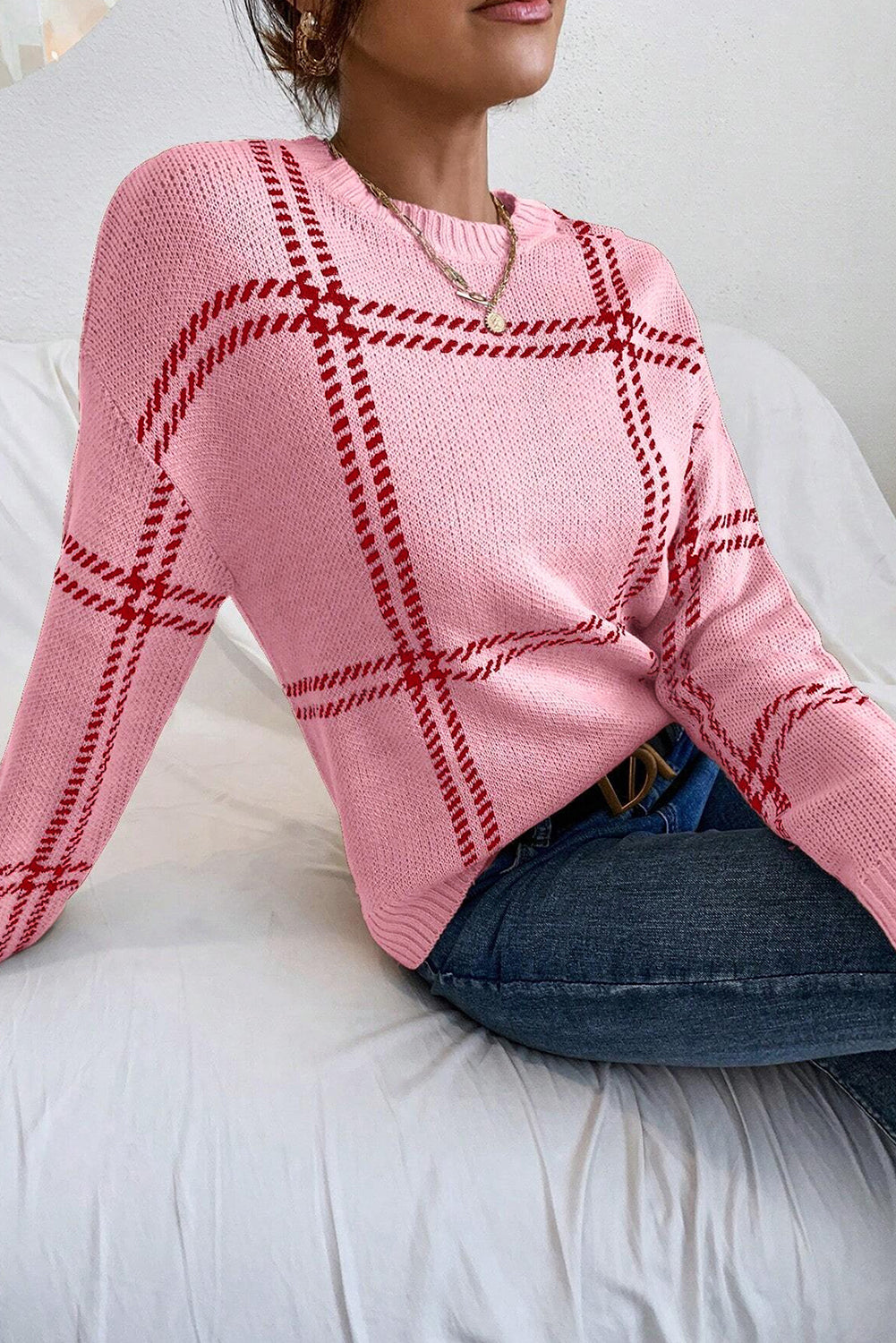 Plaid Drop Shoulder Crewneck Sweater