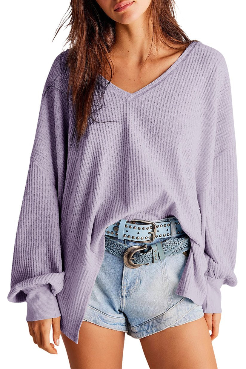 Waffle V-Neck Long Sleeve Blouse