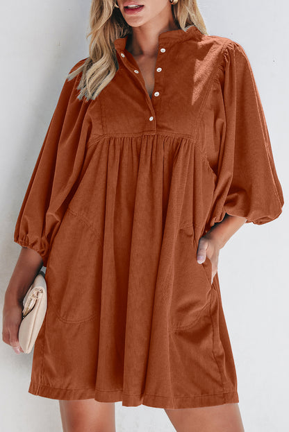 Solid Corduroy 3/4 Sleeve Snap Button Dress