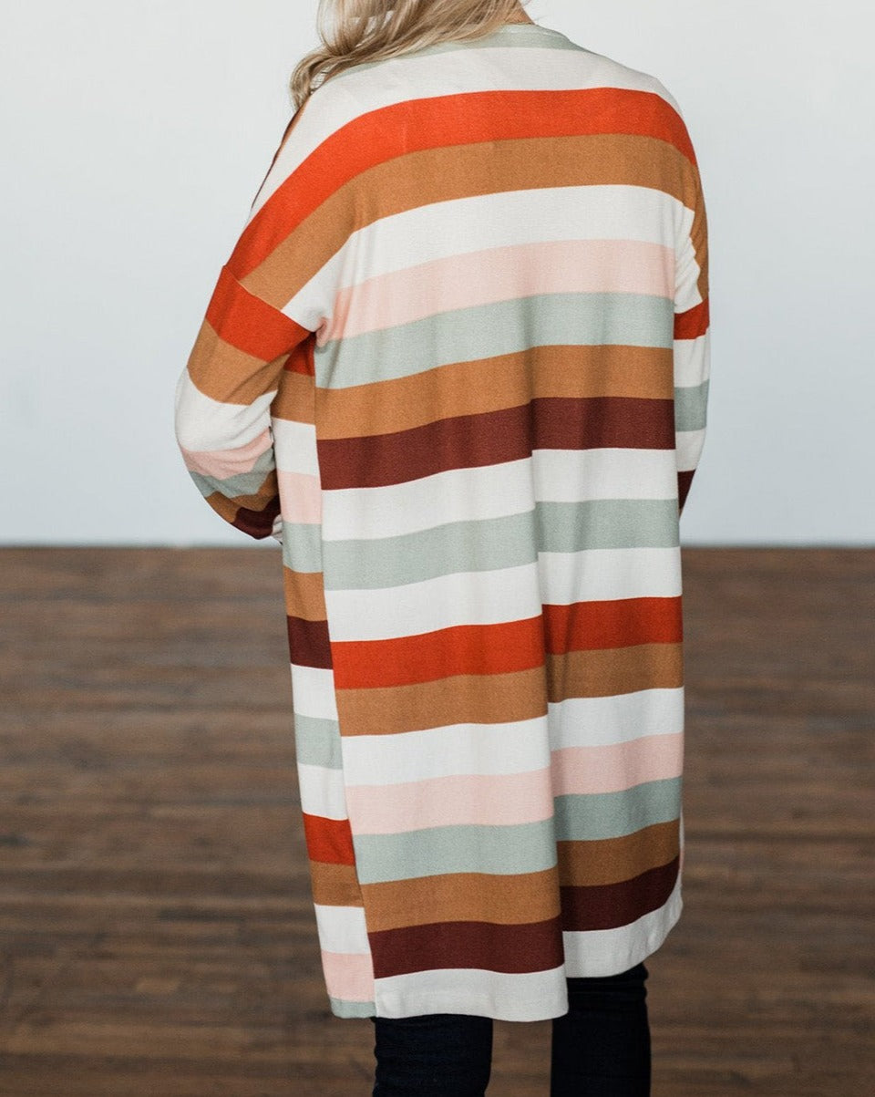 Stripe Pocketed Open Front Cardigan