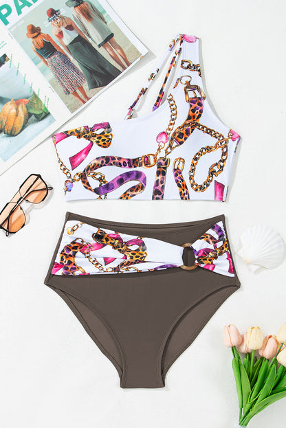 Abstract One Shoulder Bikini Set