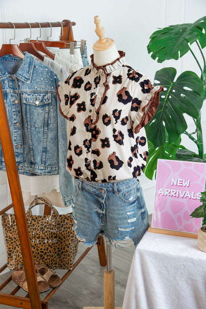 Leopard Ruffle Sleeve Button Up Blouse