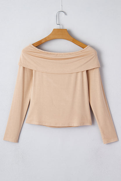 Solid Fold-Over Off-Shoulder Long Sleeve Top