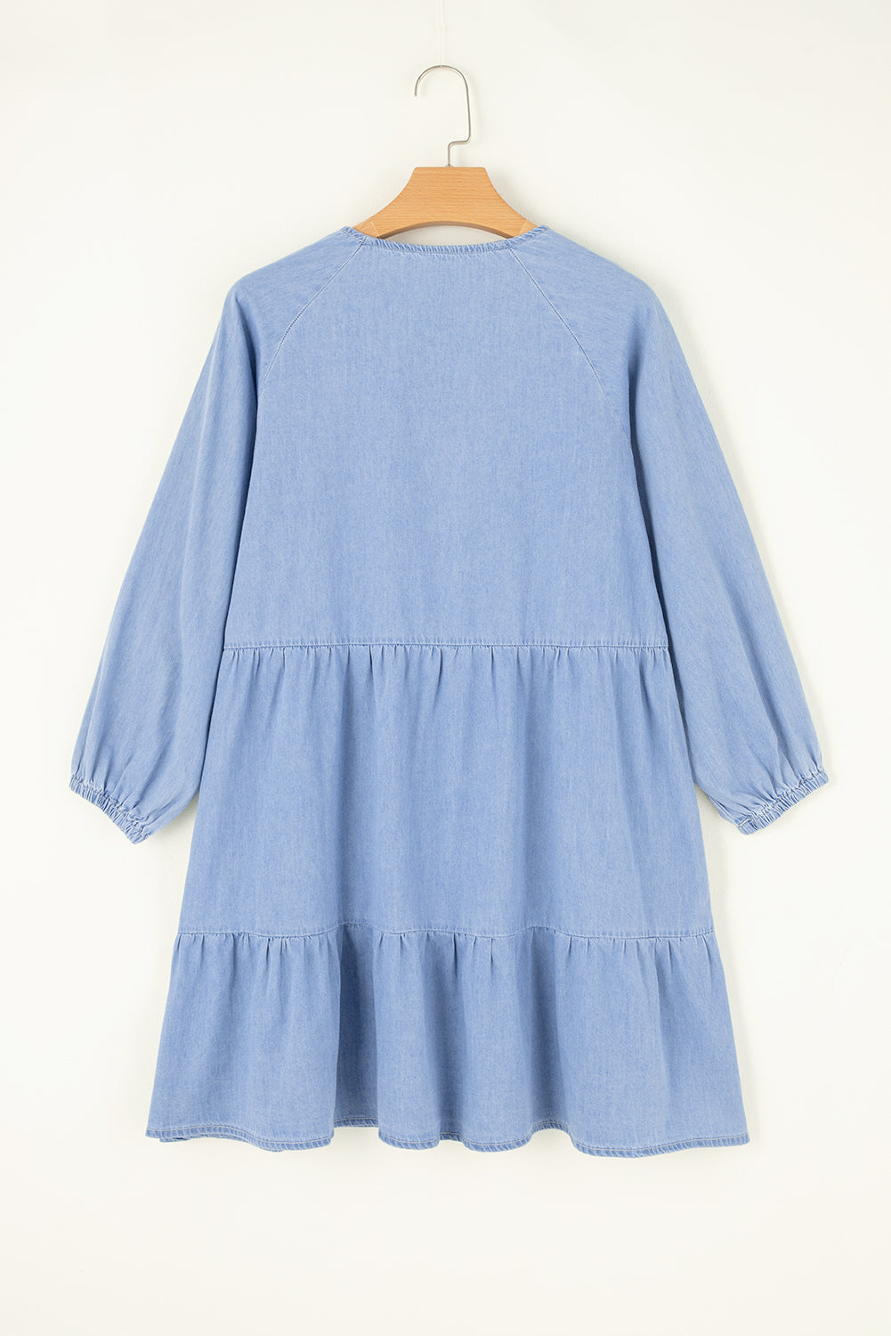 Chambray Puff Sleeve Ruffle Mini Dress