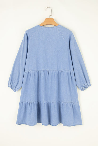 Chambray Puff Sleeve Ruffle Mini Dress