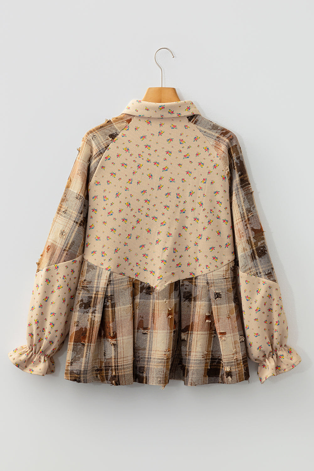 Floral Plaid Patchwork Ruffle Waffle Knit Shacket