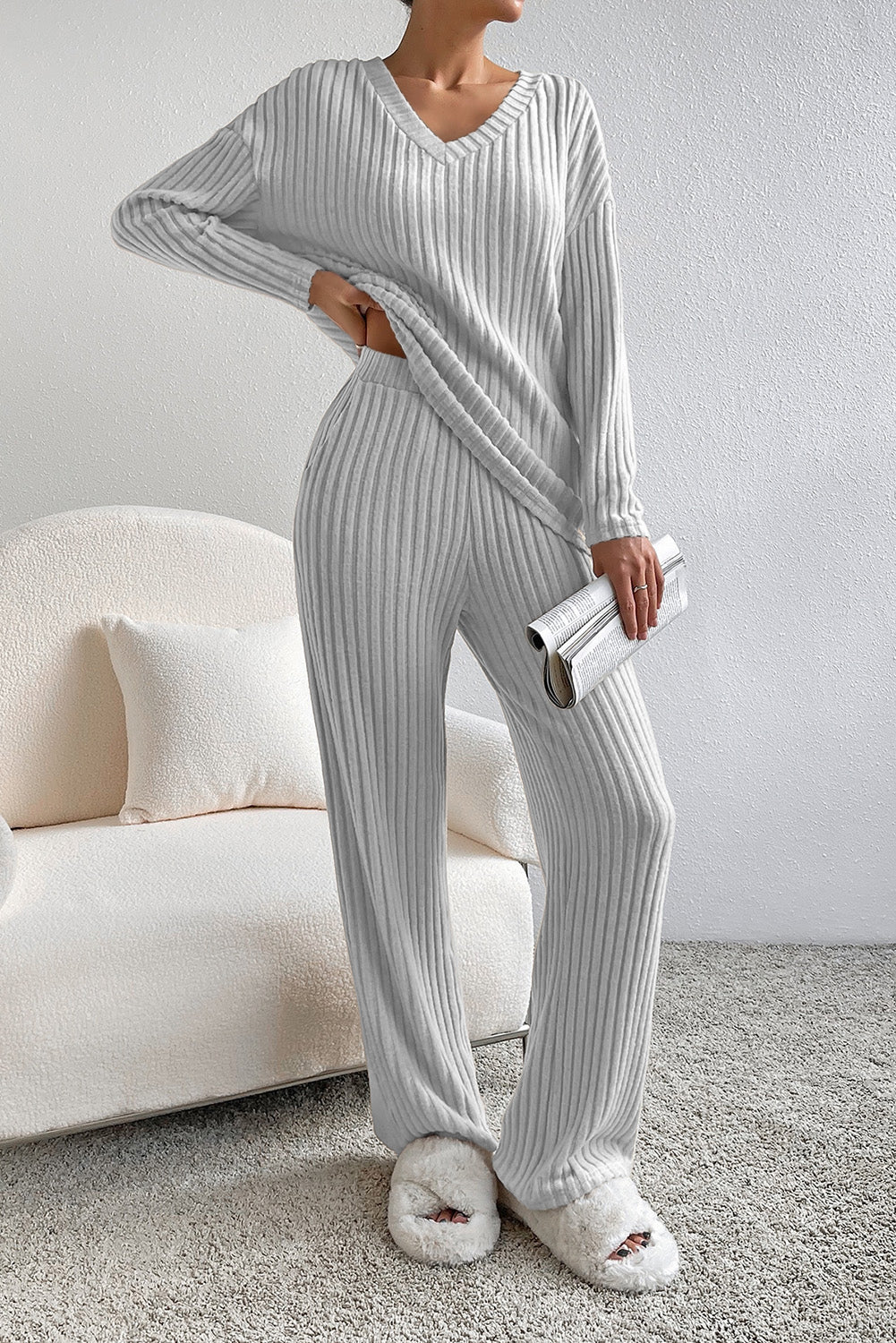 Ribbed V-Neck Top and Pants Set