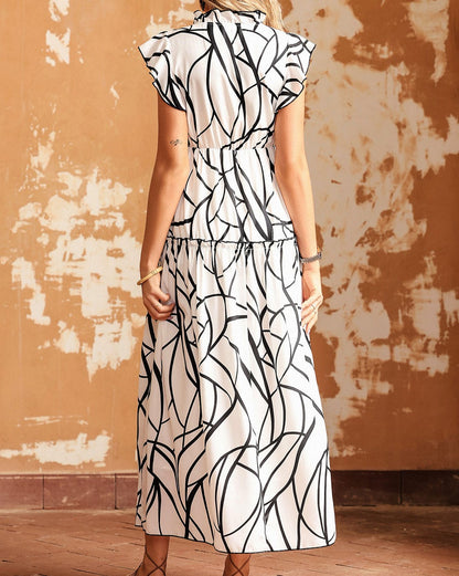 Abstract V Neck Ruffle Maxi Dress