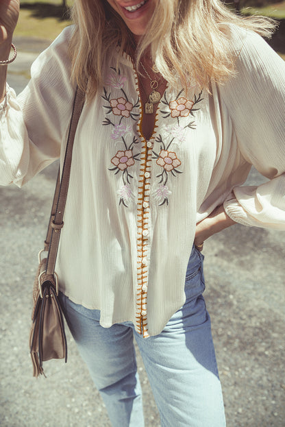 Floral Embroidered Textured Puff Sleeve Shirt