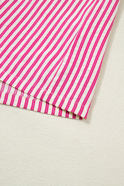 Stripe Smocked Yoke Short Sleeve Ruffle Blouse