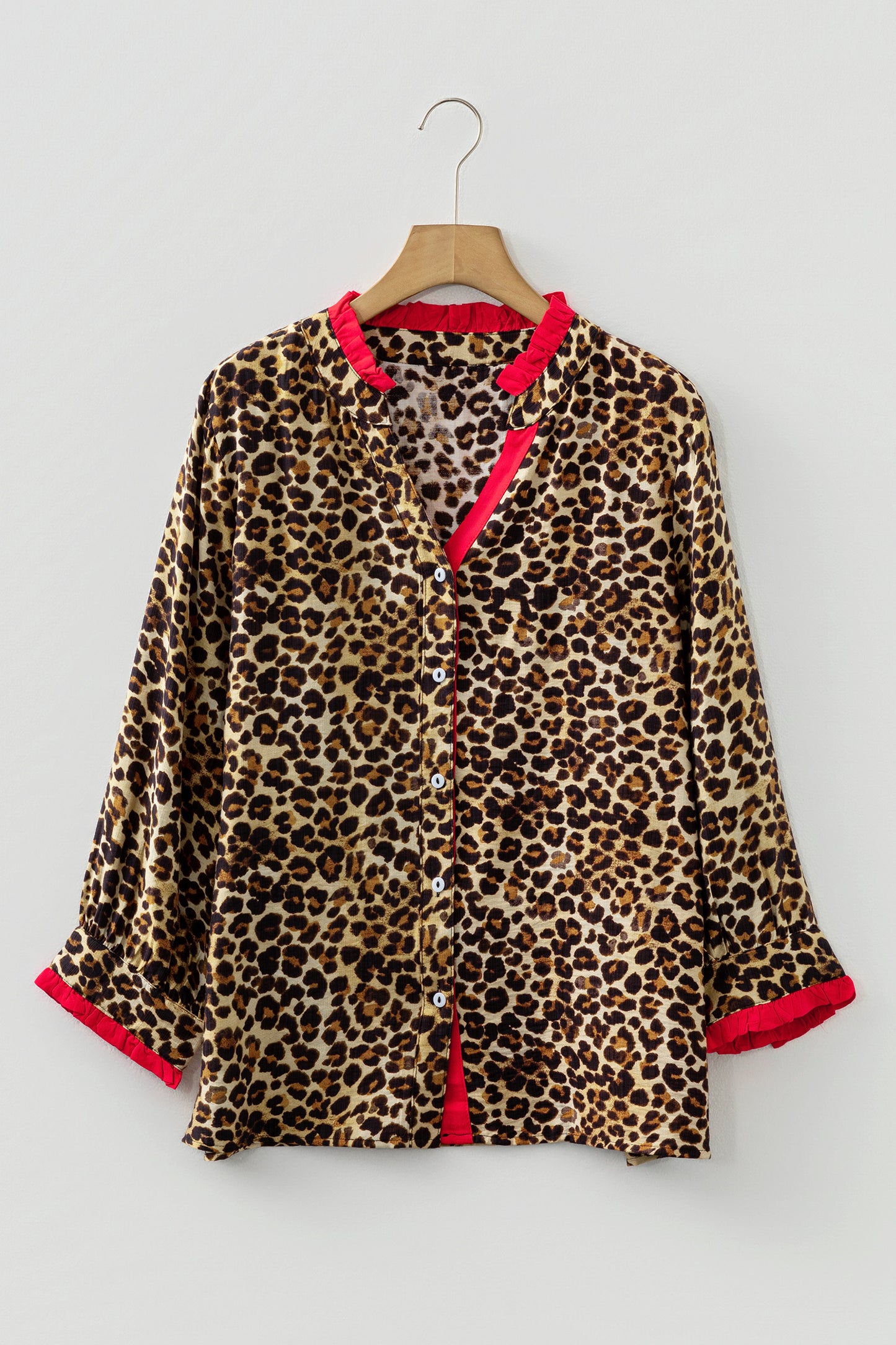 Leopard Contrast Ruffle Trim Buttoned V-Neck Shirt