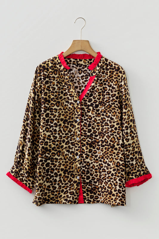 Leopard Contrast Ruffle Trim Buttoned V-Neck Shirt