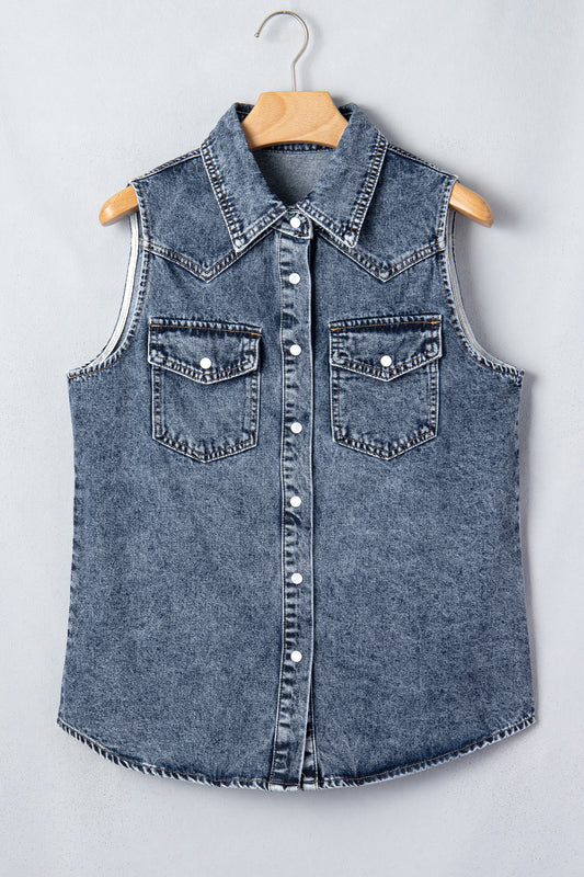 Western Solid Denim Buttoned Pocket Sleeveless Vest