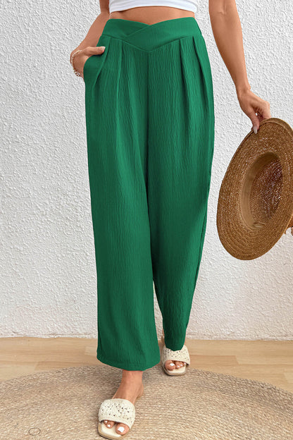 Solid Textured Crossed Waist Wide Leg Pants