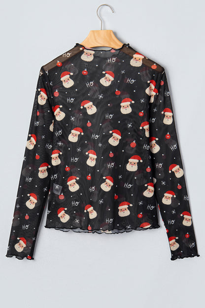 Santa Graphic Sheer Mock Neck Long Sleeve Mesh Top