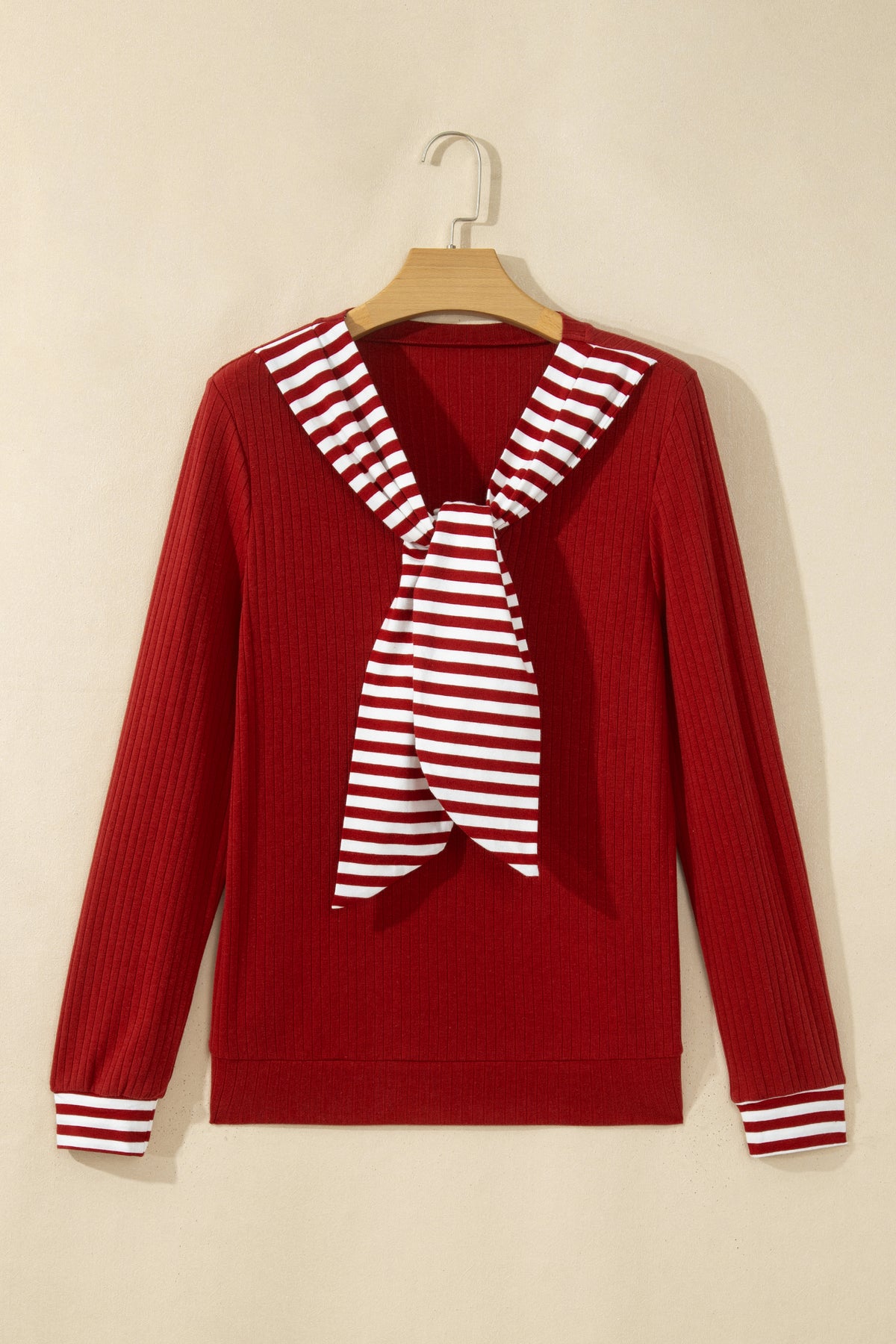 Stripe Contrast Tie Neck Cuffed Long Sleeve Top
