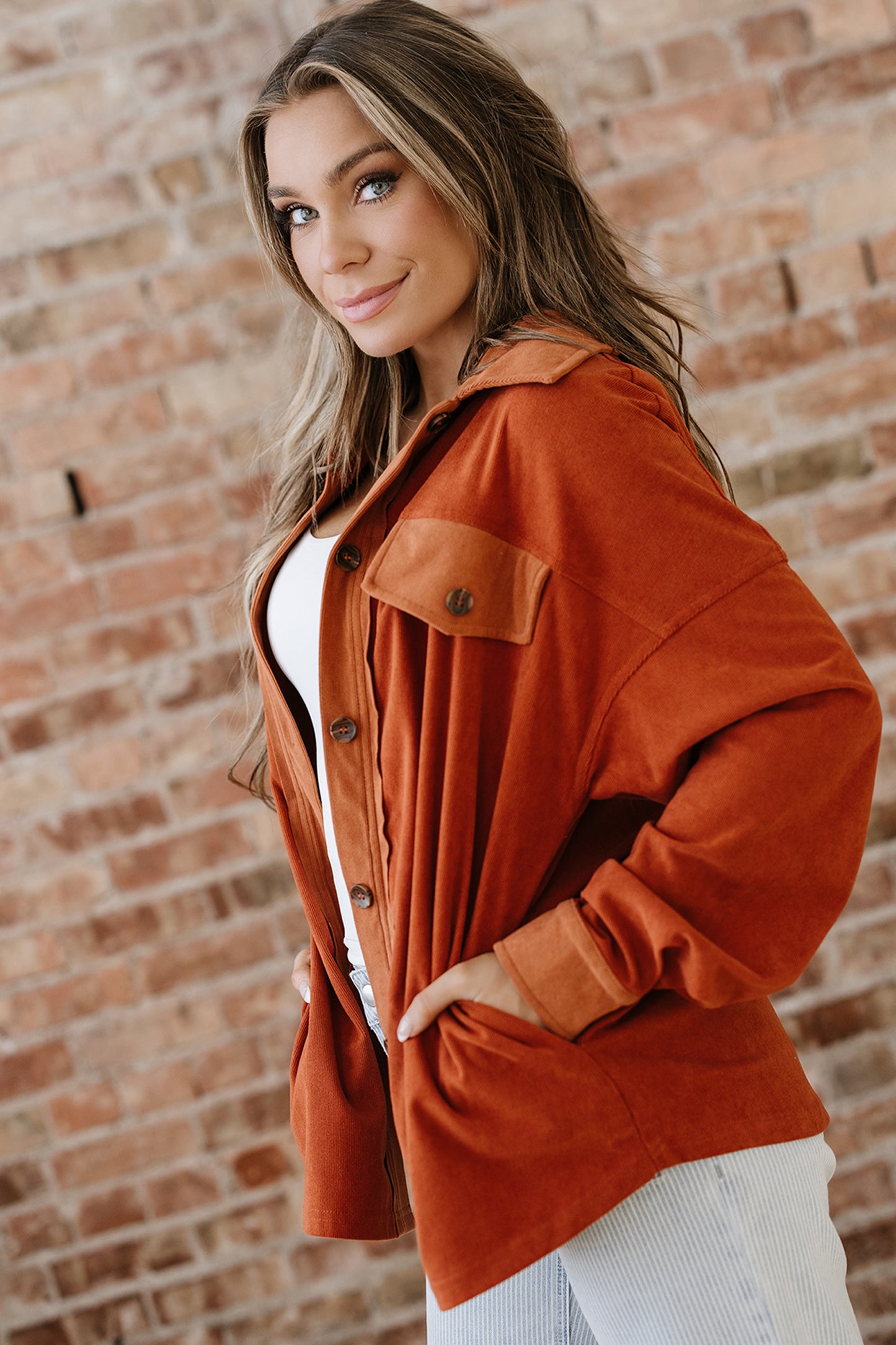 Velvet Button-Up Flap Pocket Drop Shoulder Shacket