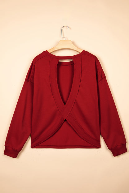 Solid Ribbed Long Sleeve Drop Shoulder Cutout Back Sweatshirt