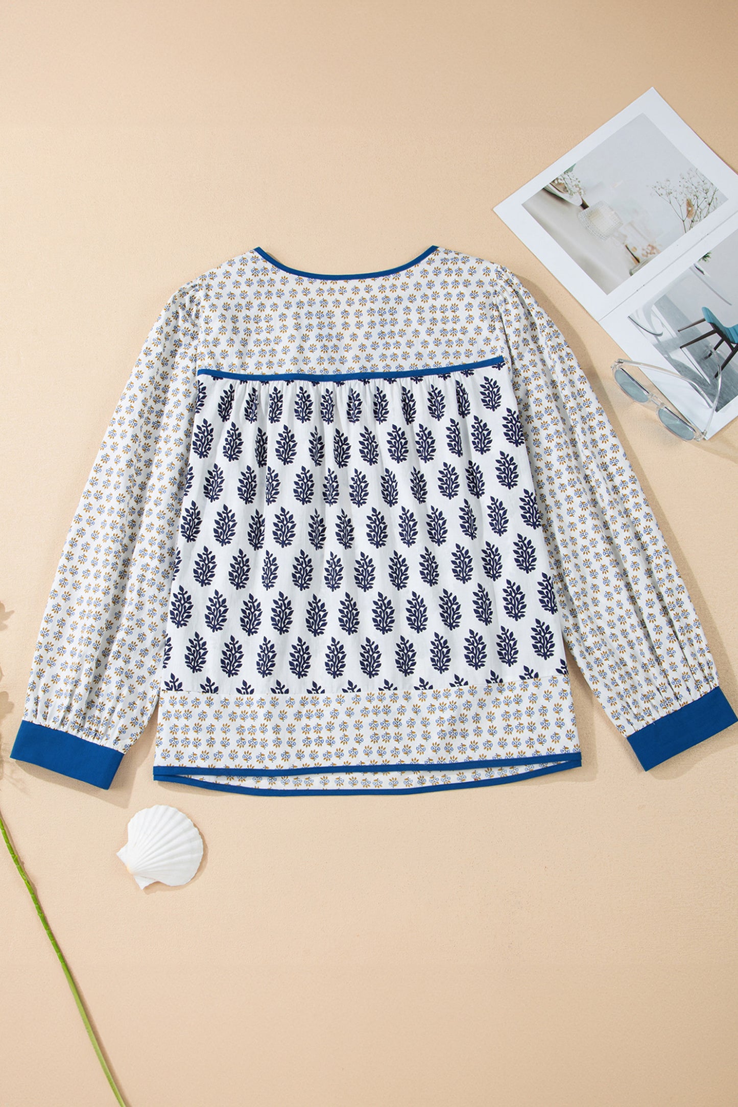 Plus Size Boho Floral Patchwork Puff Sleeve Blouse