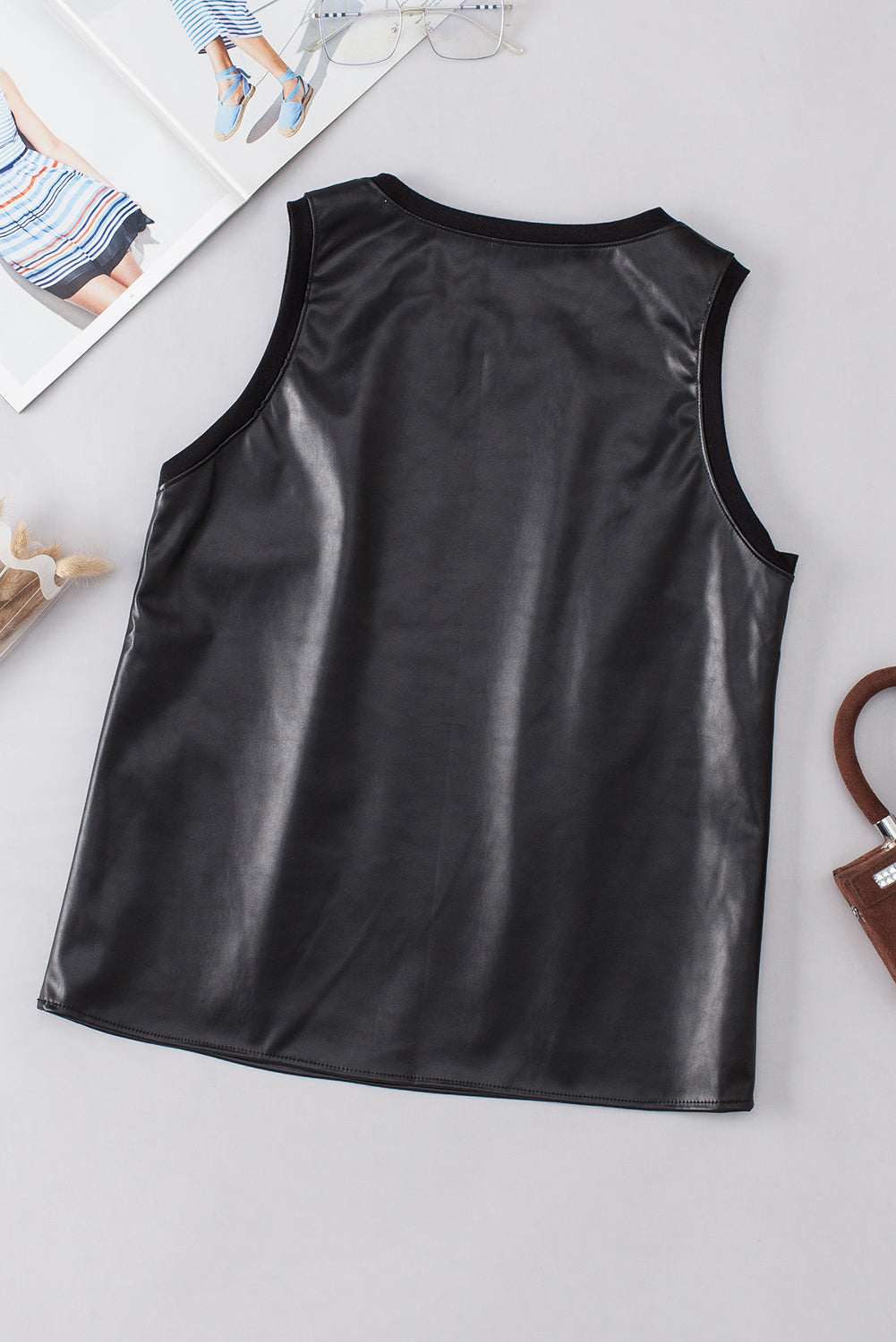 Faux Leather Crewneck Tank Top