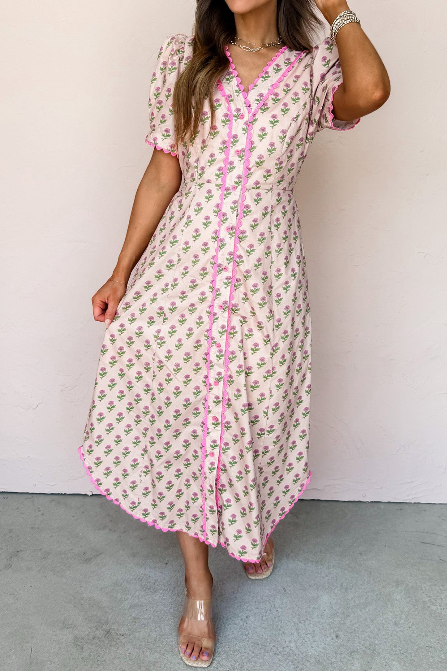 Floral Scallop Trim V-Neck Button Front Maxi Dress