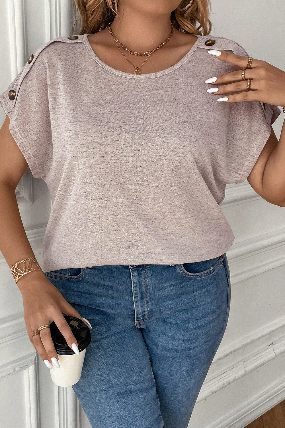 Buttoned Batwing Sleeve Tee Plus Size