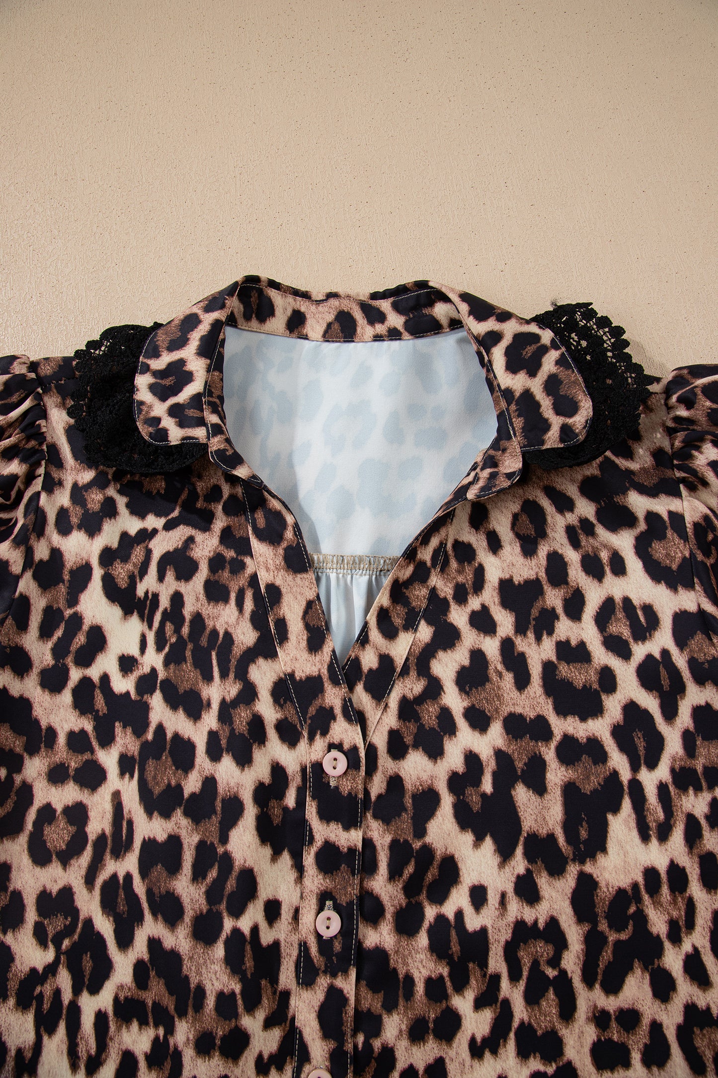 Leopard Lace Trim Short Sleeve Buttoned Shirt