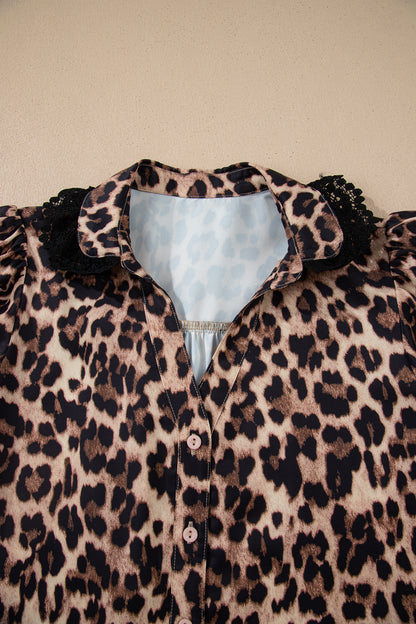 Leopard Lace Trim Short Sleeve Buttoned Shirt