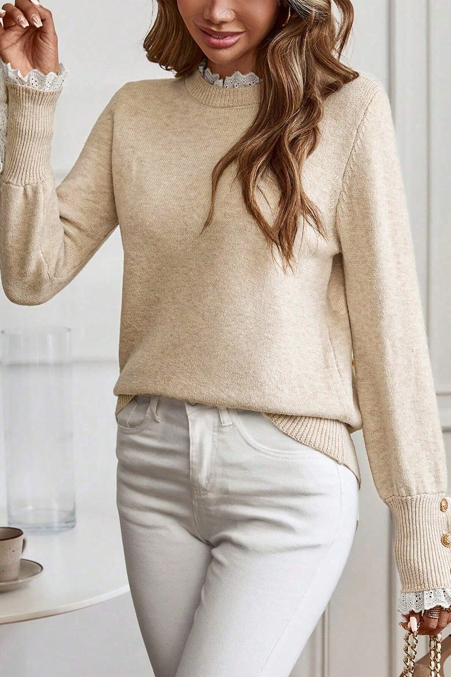 Lace Trim Patchwork Buttoned Cuff Sweater