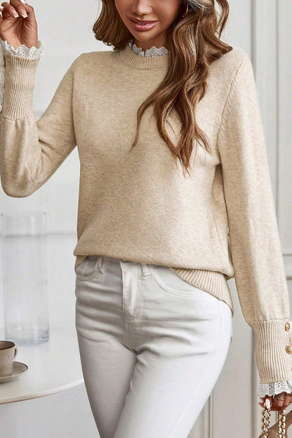 Lace Trim Patchwork Buttoned Cuff Sweater