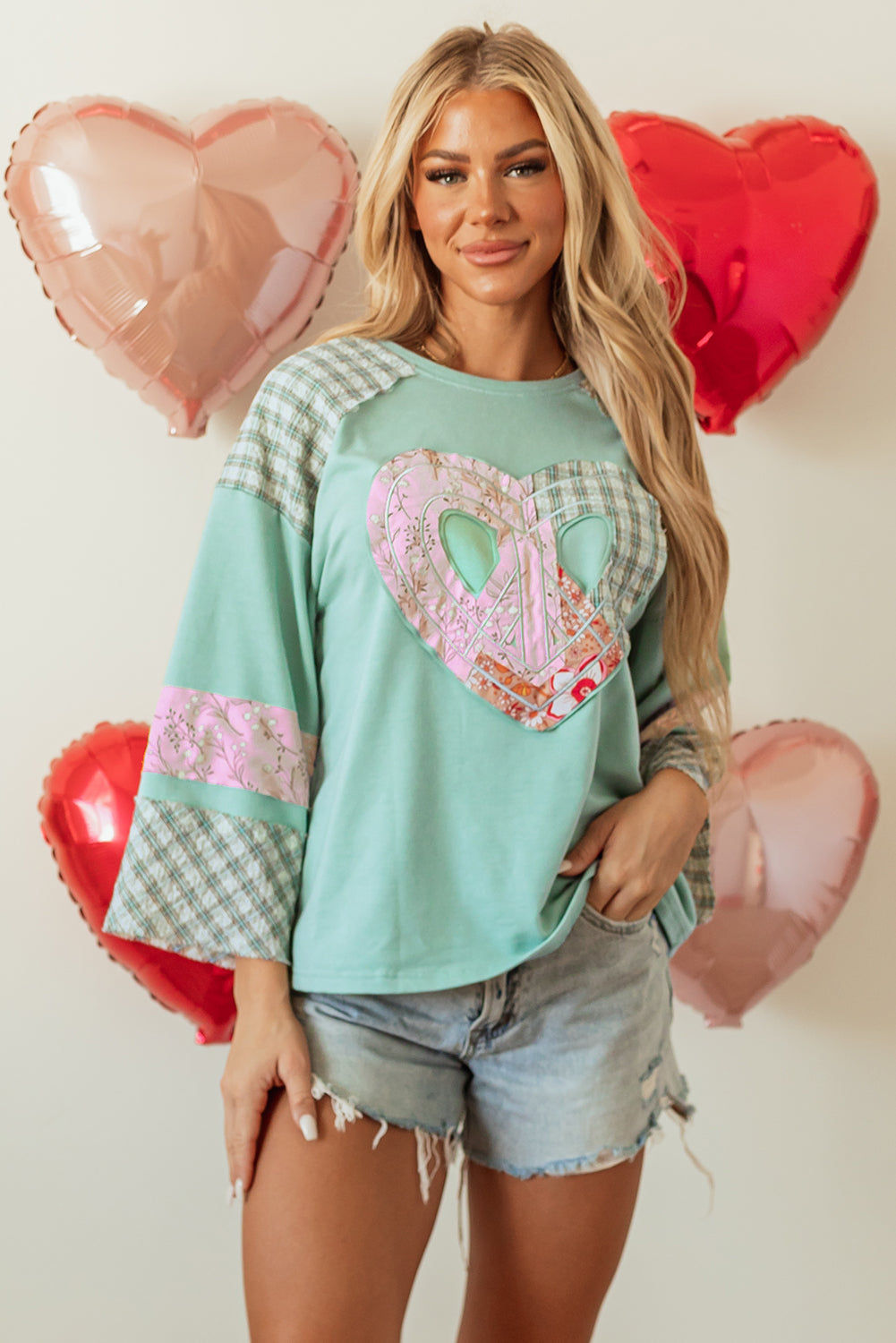Valentine Heart Plaid Floral Patchwork Long Sleeve Top
