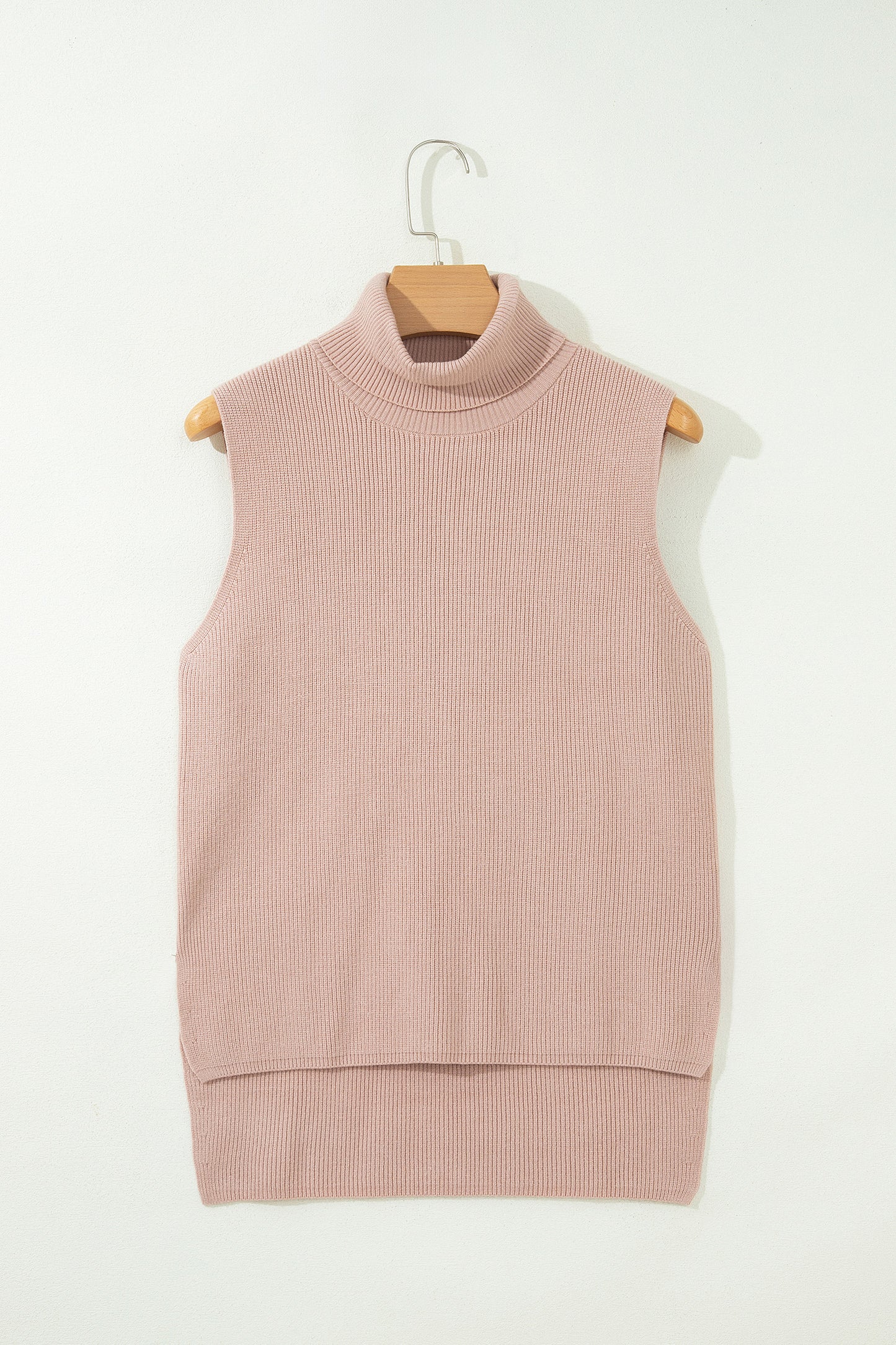 Solid Turtleneck Split Hem Sleeveless Knit Top