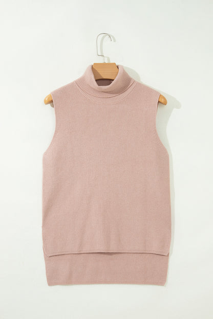 Solid Turtleneck Split Hem Sleeveless Knit Top