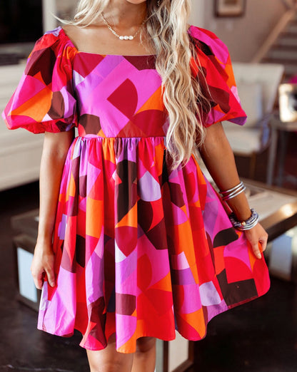 Abstract Puff Sleeve Dress