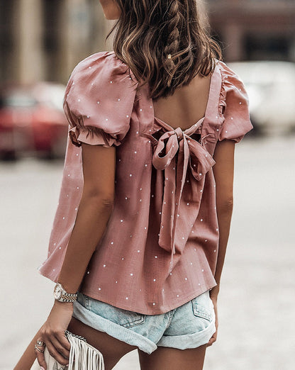 Dotted Puff Sleeve Bow Back Blouse