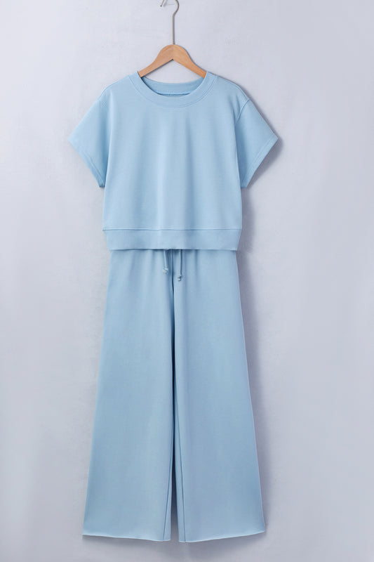 Solid Tee & Wide Leg Raw Hem Pants Set