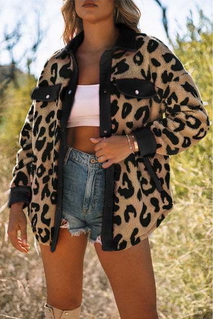 Leopard Contrast Trim Sherpa Shacket