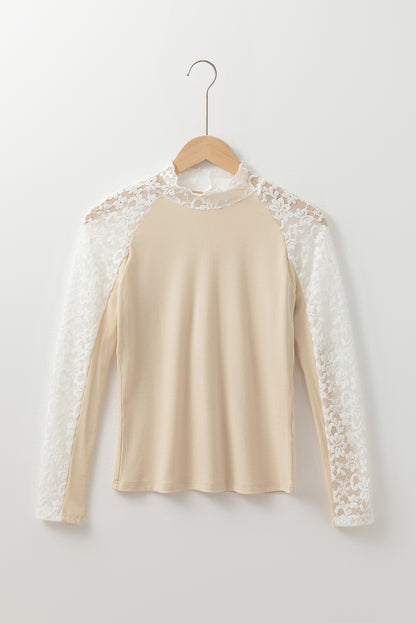 Floral Lace Patchwork Long Sleeve Mock Neck Top
