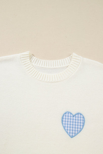 Valentine Gingham Heart Embroidered Crewneck Sweater