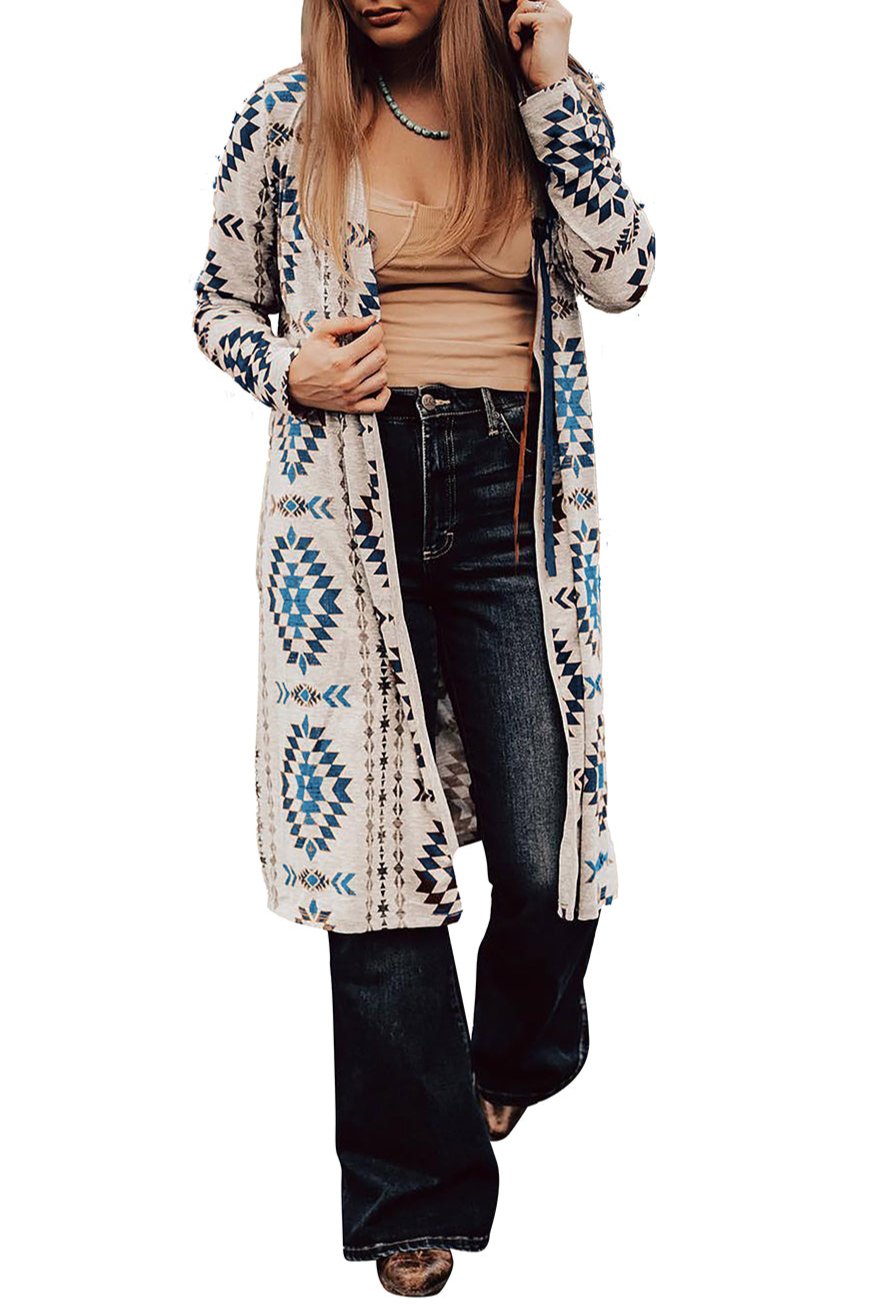 Aztec Open Front Long Cardigan