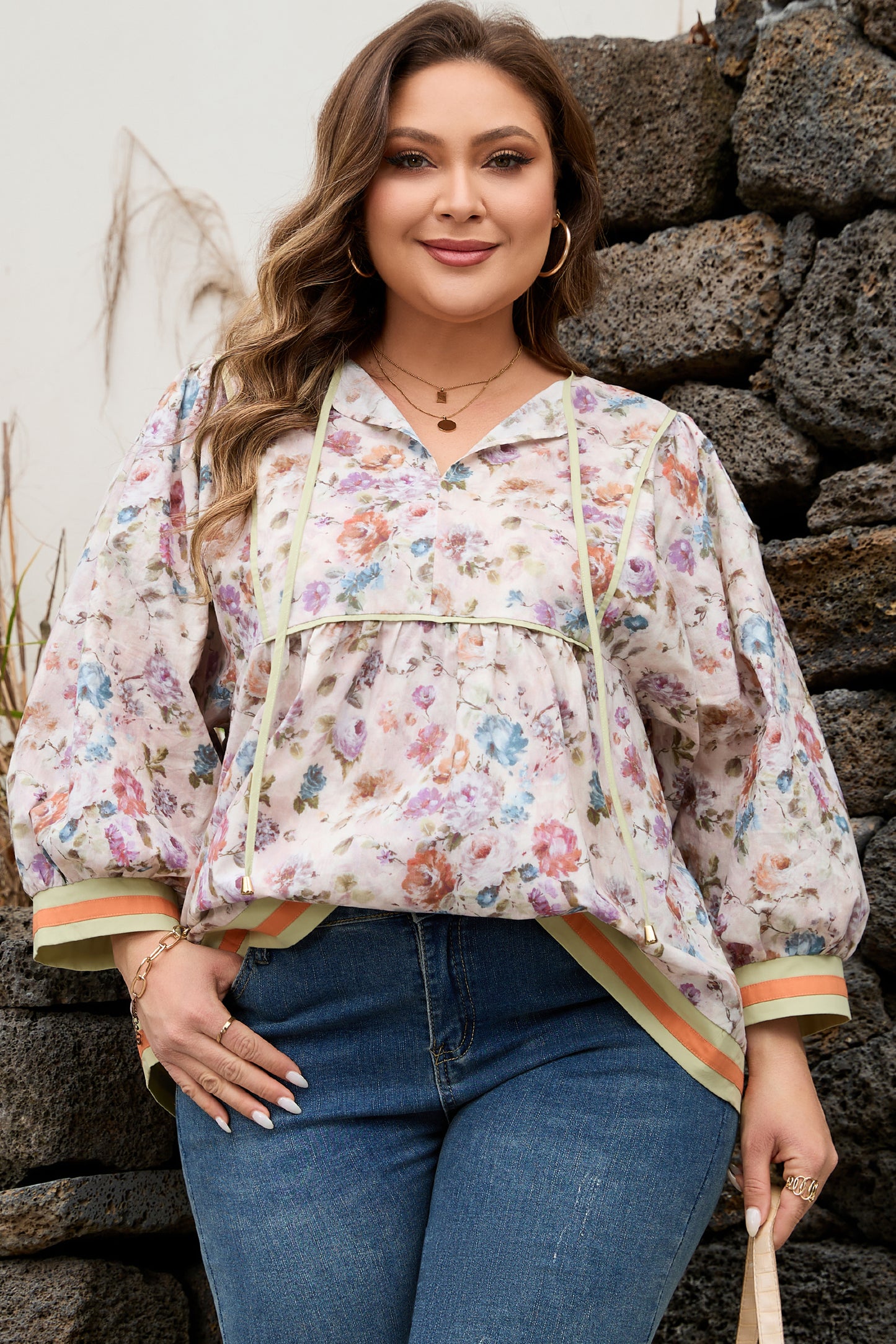 Plus Size Floral Stripe Contrast Trim Babydoll Blouse