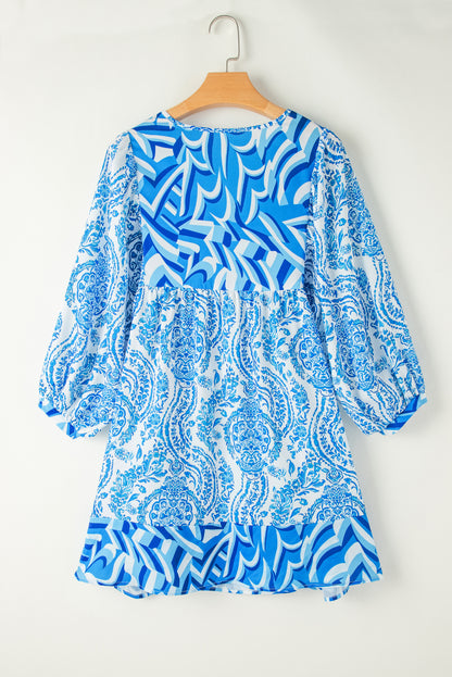 Boho Abstract Puff Sleeve Mini Dress