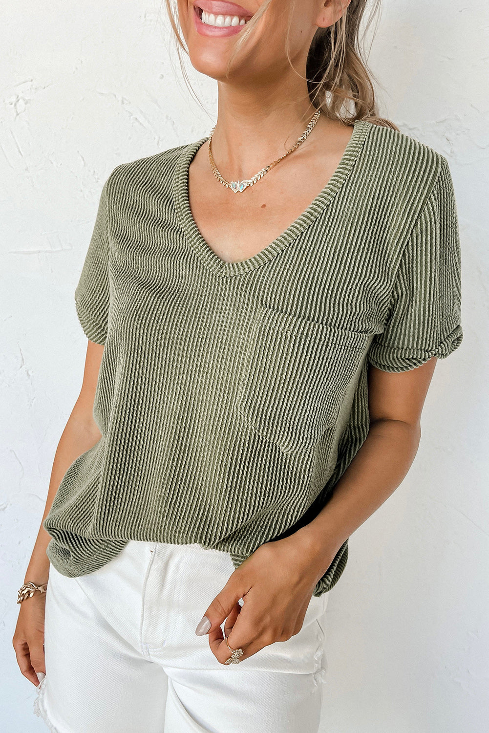 Ribbed Short Sleeve Pocketed Top