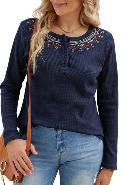 Embroidered Waffle Knit Henley Top