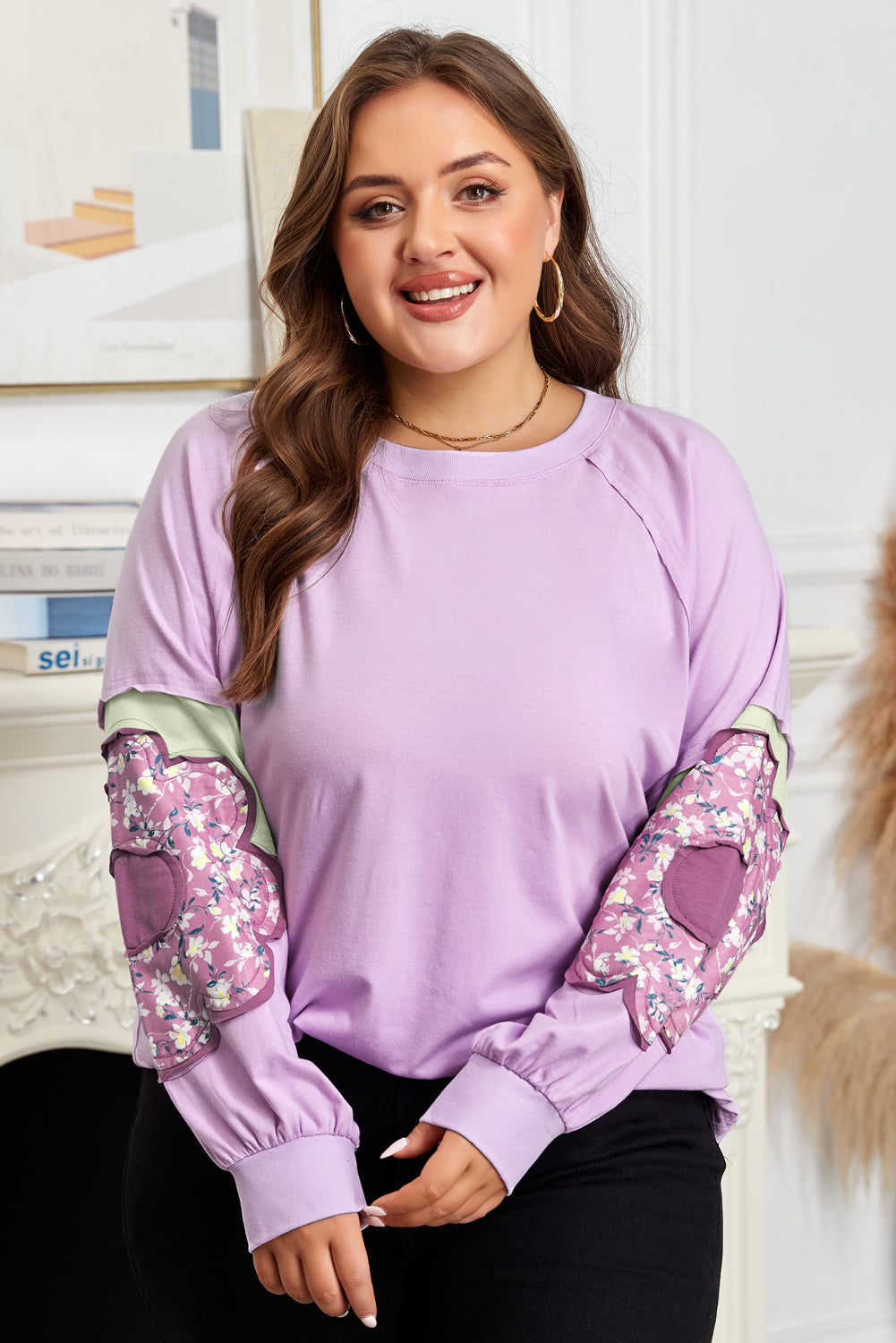 Plus Size Floral Patch Colorblock Long Sleeve Top