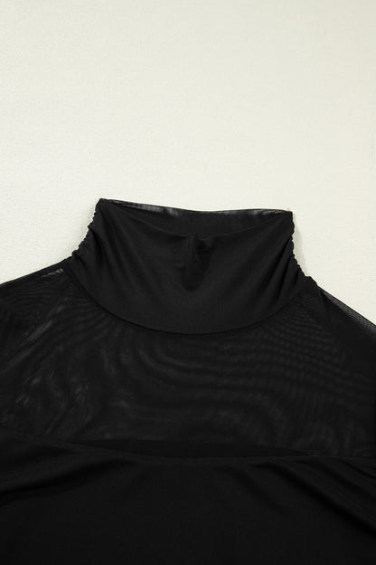 Sheer Mesh Patchwork High Neck Long Sleeve Top